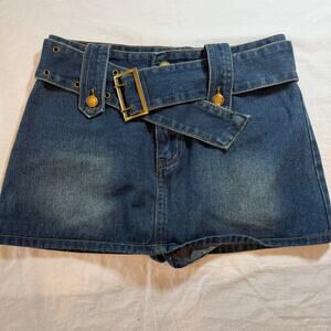 Denim belted mini skirt skort with lining cargo skirt